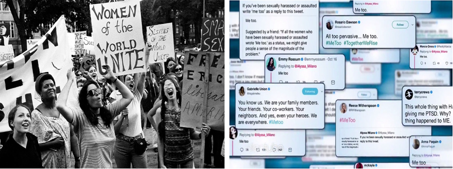 Historical women's march juxtaposed with MeToo tweets
