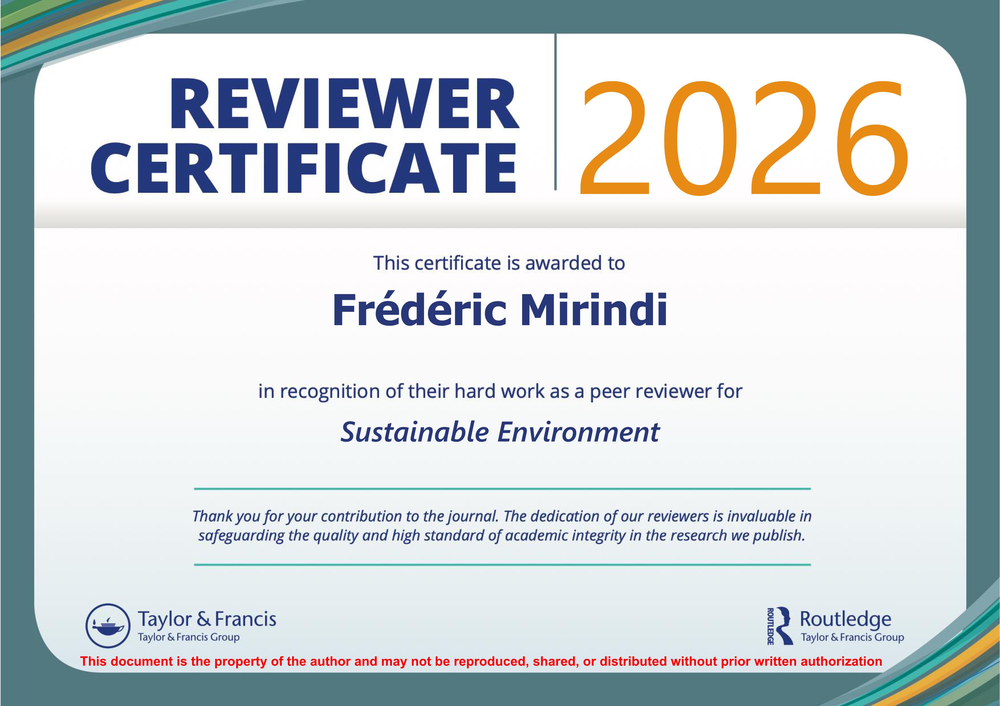Reviewer Certificate 2026 — Sustainable Environment