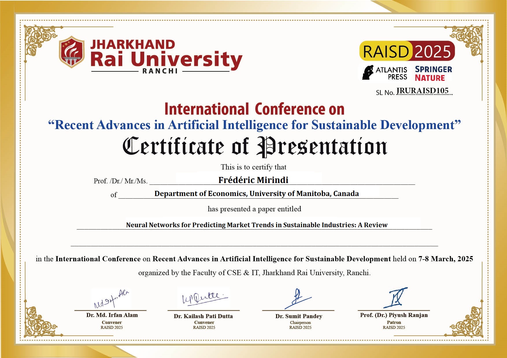 ICIDSSD 2025 Conference Certificate