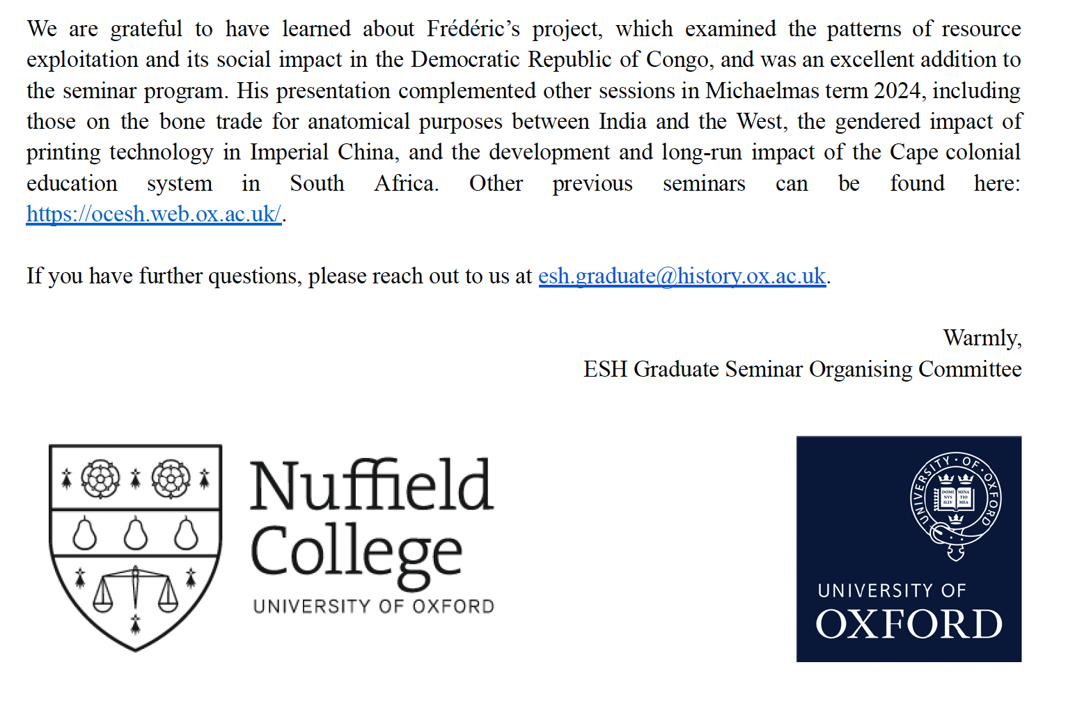 Nuffield College Oxford Letter