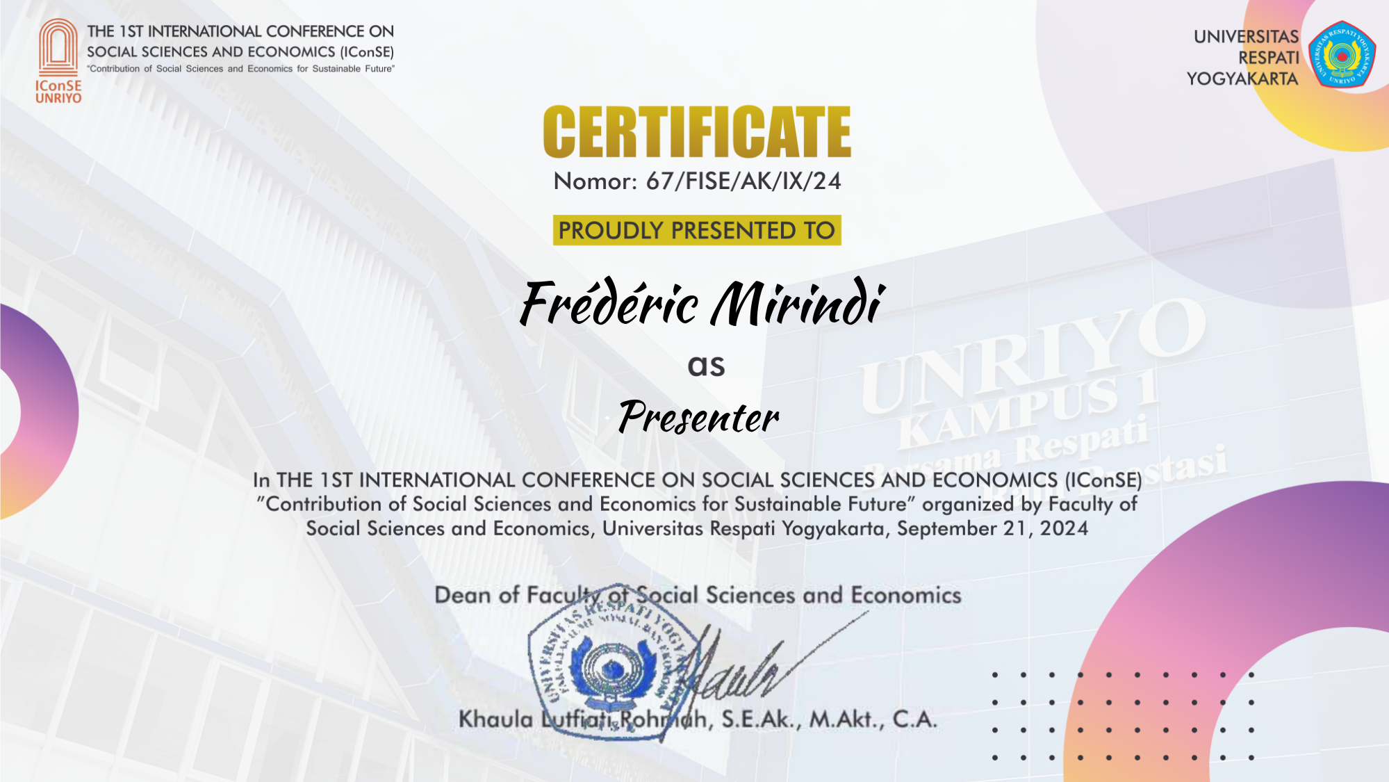 IConSE 2024 Presenter Certificate